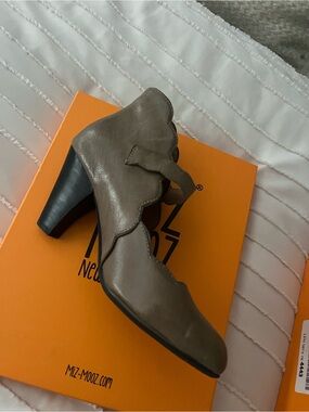 Miz Mooz Taupe Scalloped Ankle-Strap Heels with Buckle
